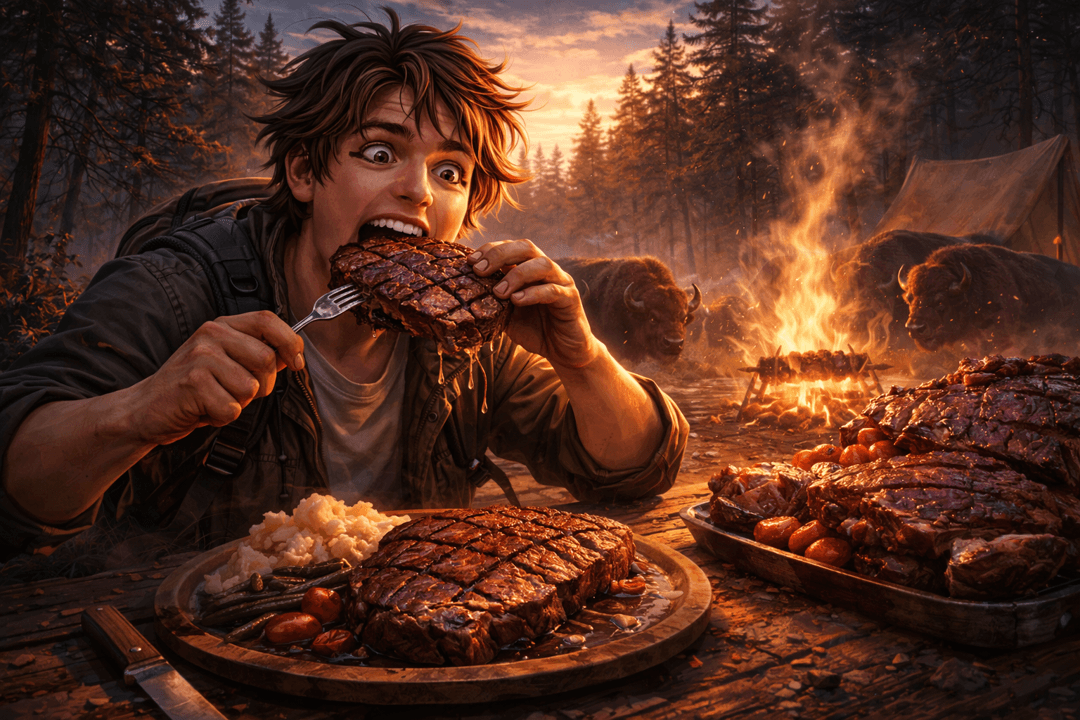 식탁 위에 놓인 고기 요리와 이를 통해 힘을 얻는 상징을 표현한 따뜻하고 의미 있는 장면